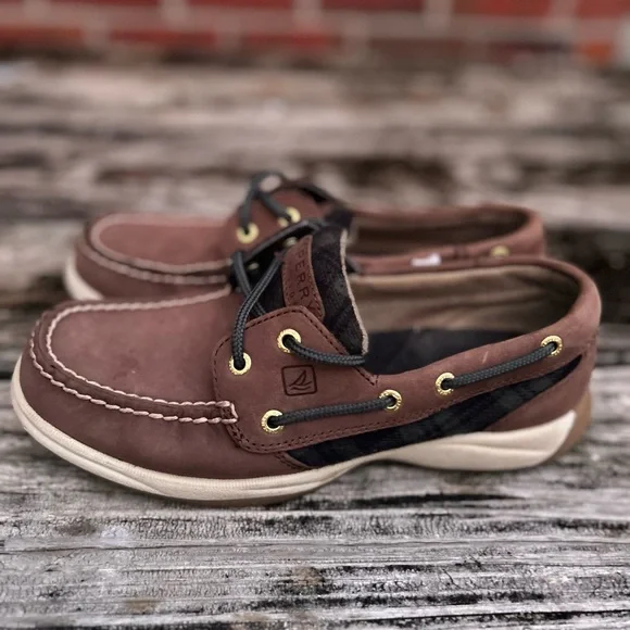 Sperry Top Siders Leather Blue Green Tartan Plaid Women's Boat Shoes Size 6.5 - Picture 2 of 12